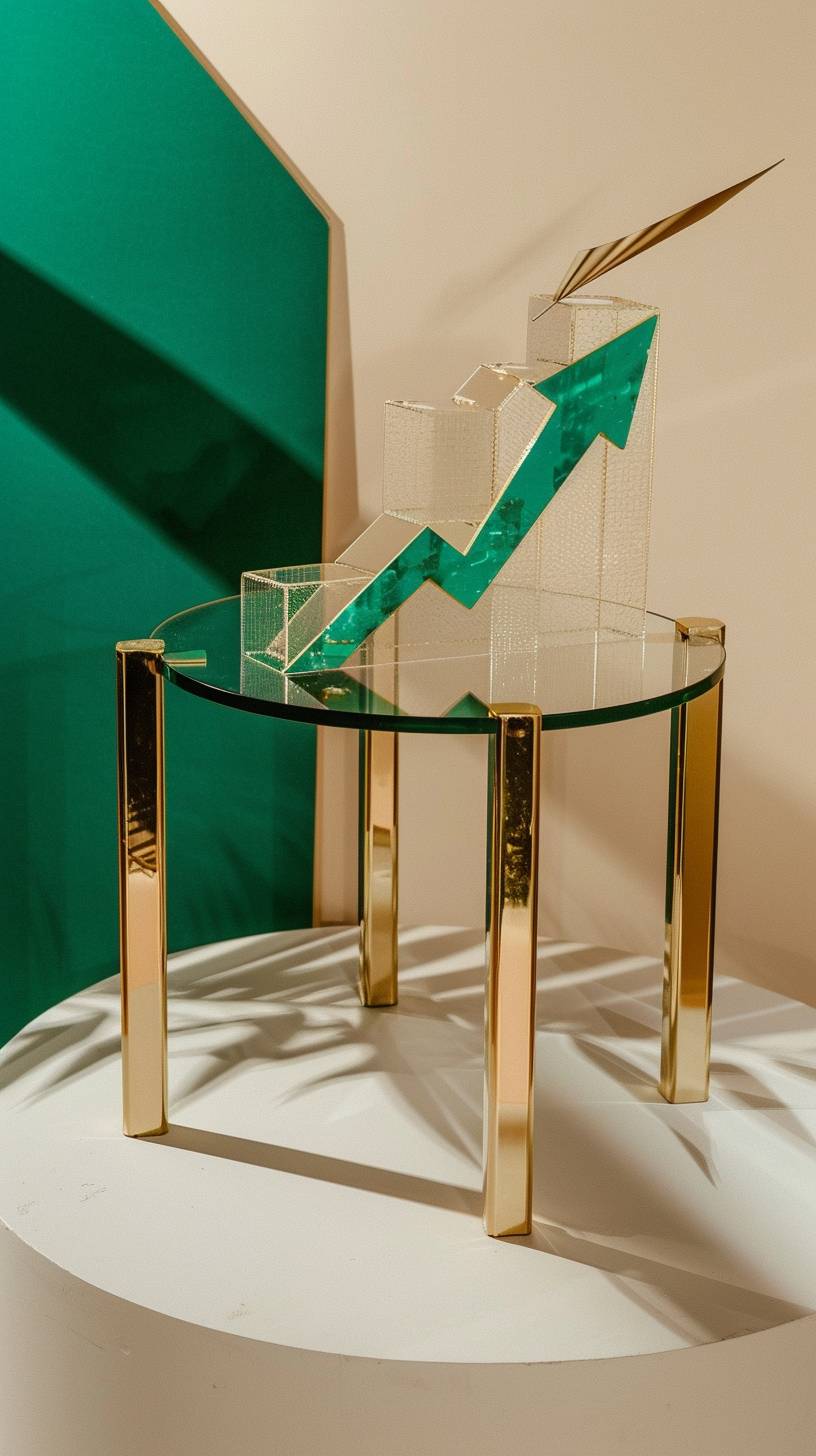 Table with interest rates and arrow pointing up. Aesthetic style, palette - beige, gold, green-emerald. Minimalism. Beautiful image