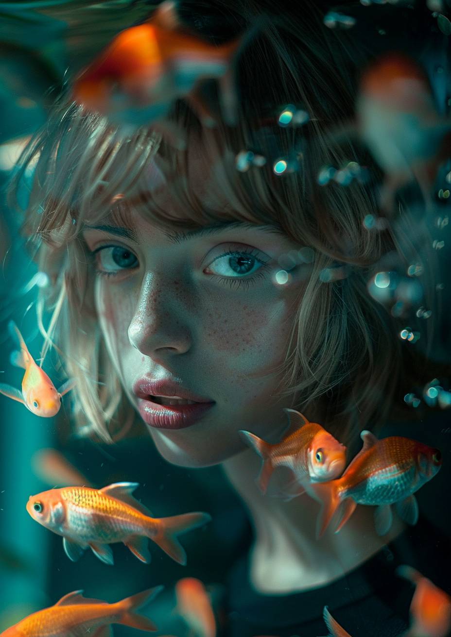 A young woman with a layered blonde bob haircut standing behind a fish tank, facing camera with harsh lighting on face, fish in front of her face, cinematography --ar 5:7 --v 6.0