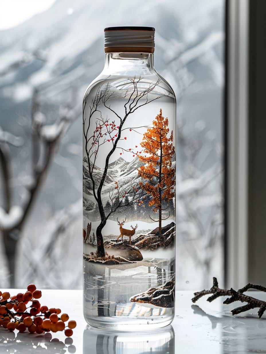 A white transparent glass water bottle with birch trees, snow-capped mountains and sika deer printed on the bottle. The water bottle is placed on a white scene. Product photography style, ultra-high-definition quality
