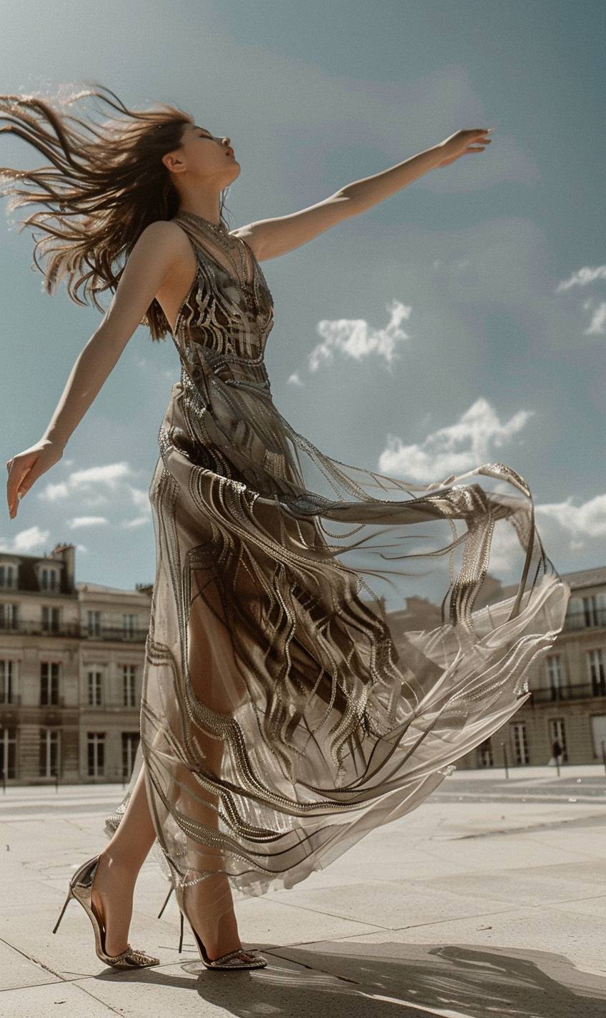 A fashion photo shows a female model wearing a sheer long gown with heels. The dress features interlacing lines of silver and black colors, shaping and flowing around the female curve, giving depth and movement to her intricate dress. There's harmony between the model and her dress. She's standing near the Place de la Nationale in Paris. The weather looks sunny. It is daylight. There is lots of white space around her.