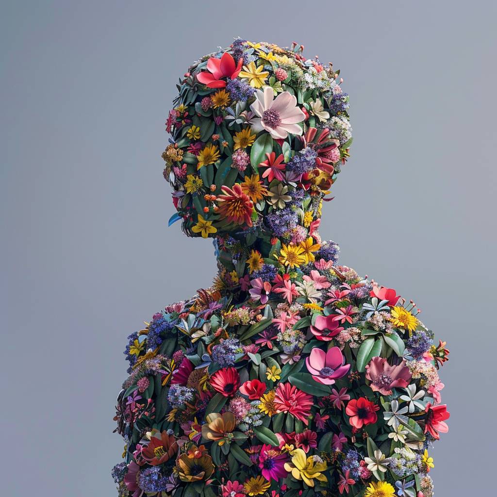 A 3D sculpture of a [subject] made entirely of flower buds, the body is adorned with colorful flowers, realistic flower texture, vivid colors, high detail, solid background.