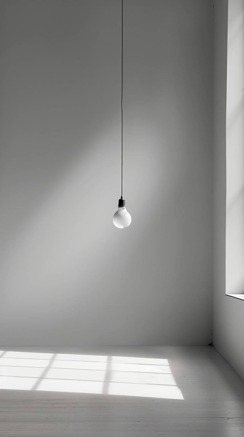 The Perfect Wallpaper for iPhone, Minimalist Photography, A single light bulb hanging from the ceiling in an empty room. The frame is dominated by the simplicity and abstract geometry of the scene, with an emphasis on stark lines, uncluttered composition, and spatial balance. Shot with Hasselblad H6D-400c for photorealistic detail, with an absence of noise or unnecessary elements. Award-winning wallpaper, Symmetry, Centre composition, High resolution, High details, High contrast, In the style of minimalist