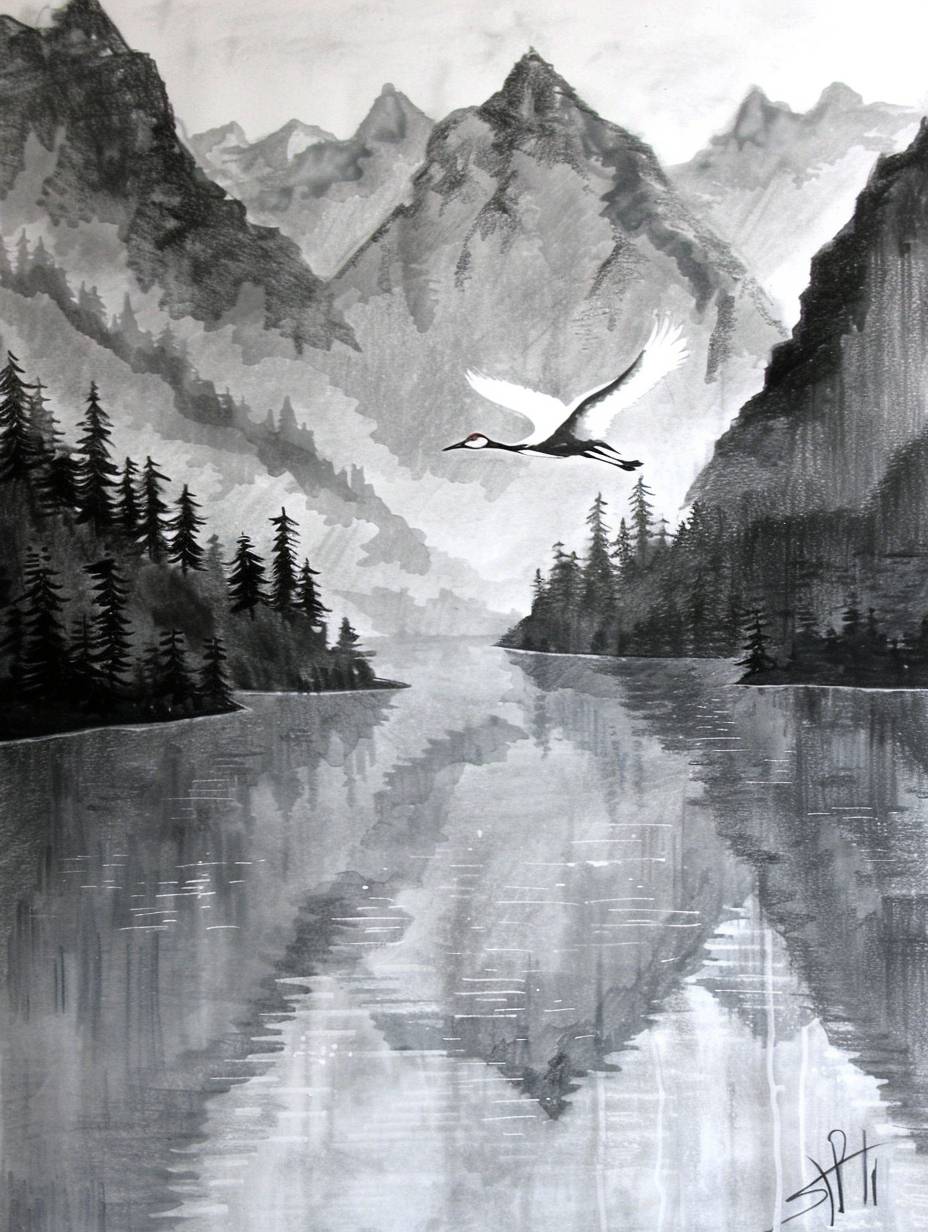 An ethereal landscape featuring a graceful white crane flying over a serene river, surrounded by mist-covered mountains. The scene is a colored pencil drawing with a pointillism-like dot matrix effect and monochromatic fluorescent dots, creating a tranquil, otherworldly atmosphere. The mountains and river are detailed with extremely fine brushstrokes and gradient transition lines, with the light penetrating through the mist, enhancing the scene’s serene beauty.