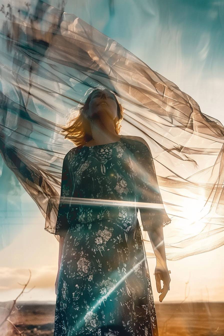 A face superimposed onto a cactus superimposed on a dress projected onto a sheet blowing in the breeze in the desert, style of unity, random rhythm, harmony, tactile texture, dynamic forms, vertical lines, analogous neon colors, atmospheric perspective, foreground, serene mood, allegory, pacing, baroque, gestural expression, energy, distortion, thematic harmony, flowing rhythm, conceptual art.