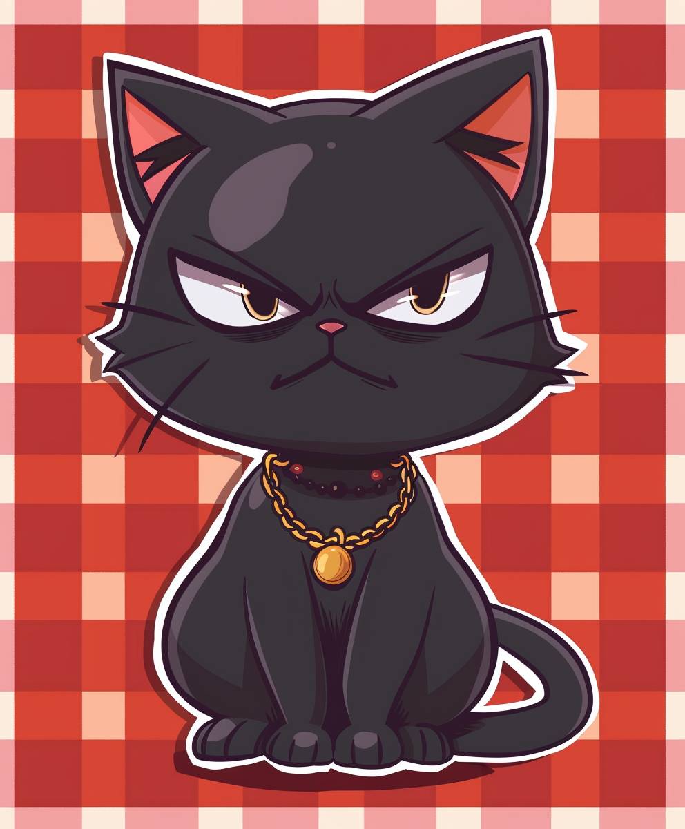 A cute black cat with an angry expression on a red and white checkered background, wearing a gold necklace around its neck in the style of a cartoon. The drawing style is simple with a chibi character design and simple lines like sticker art on the right side of a grid pattern.