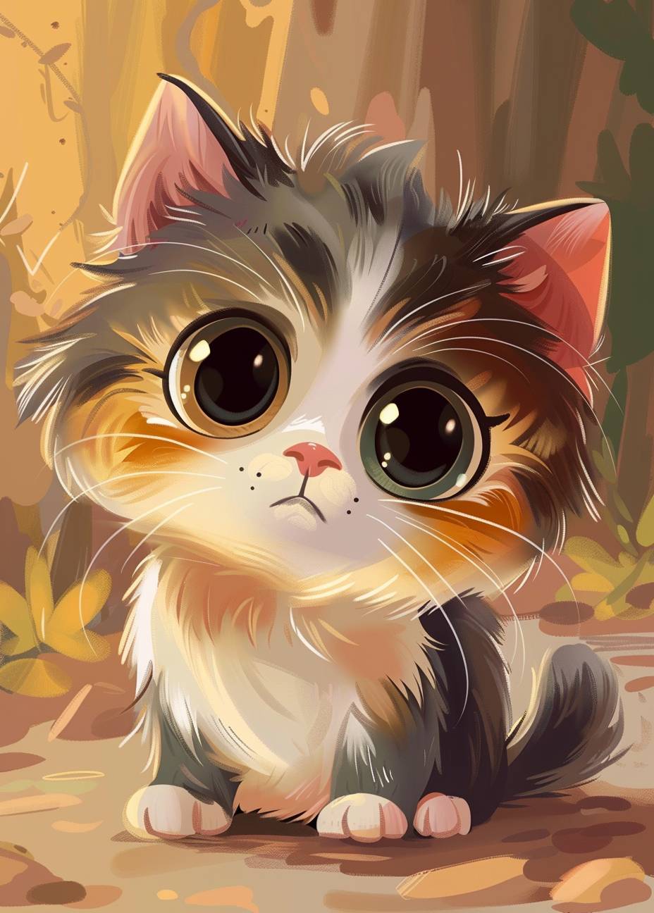 Cute kitten, very cute, eyes are very lively, dynamic, round and plump, detailed cartoon illustration style, cartoon background, 32k, full body shot, rich background