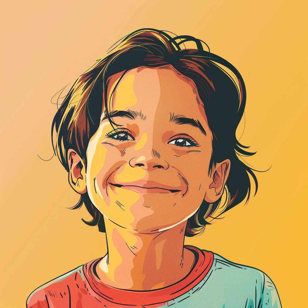 Raina Telgemeierのアートスタイルで、カメラを直接見つめる笑顔の子供の肖像画。明るく明るい表情、きれいな線、鮮やかな色彩。シンプルな背景、カートゥーンスタイル、詳細な顔の特徴、フラットデザイン。
