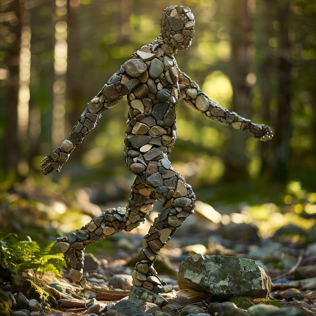 森の中を歩く岩でできた男性、全身ショット。