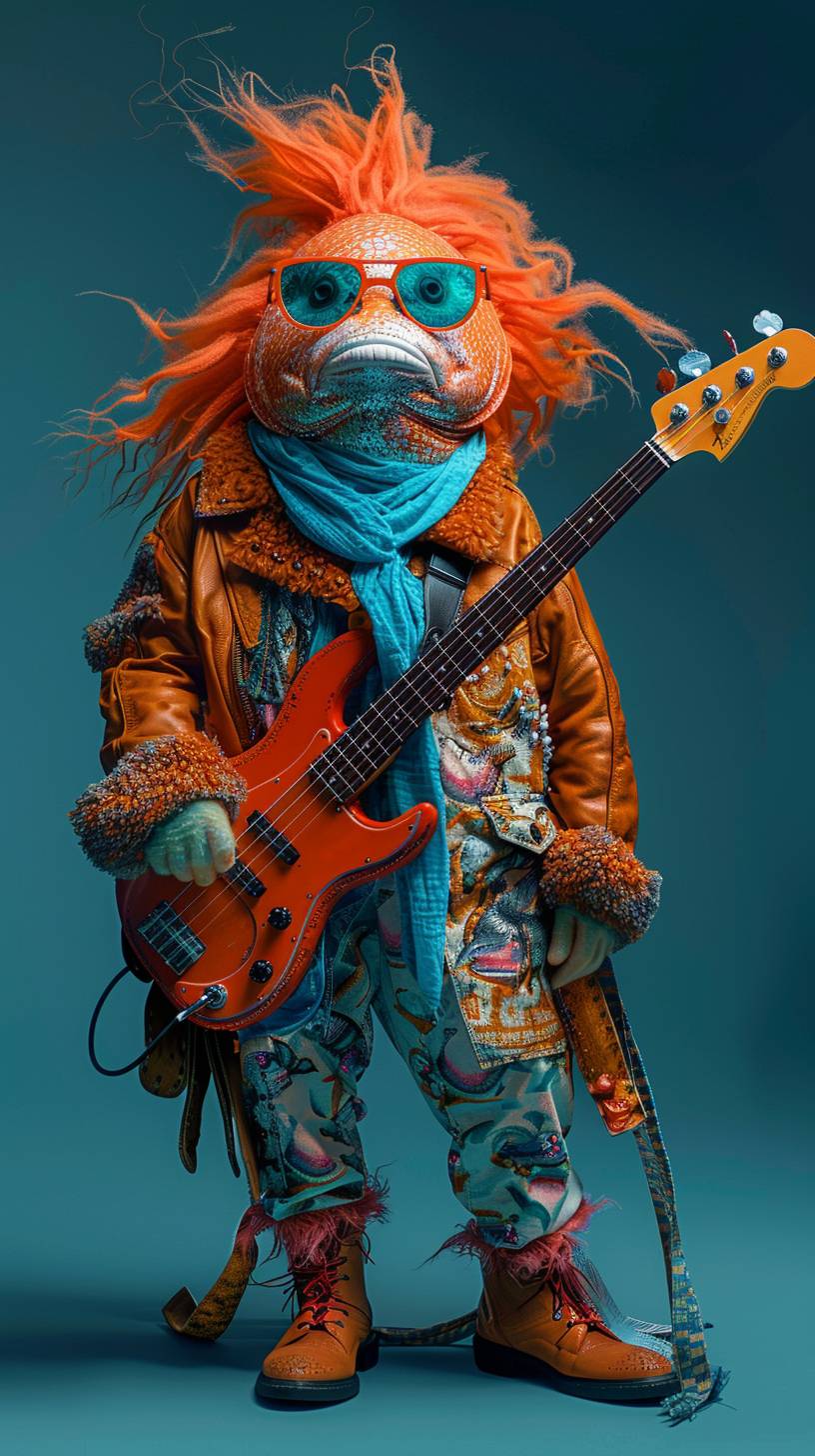 A wide shot of a fish with a punk hairstyle in orange color. The fish is made of fluffy fur in orange, blue, and brown colors, resembling a popstar. It is looking straight at the camera, wearing sunglasses, an orange leather jacket, and a neon blue neckerchief. Holding a Gibson guitar in its hands, with a pattern mixed collage design that's very delicate and graphic. The photo is taken in a photo studio with a blue background, like a fashion photoshoot.