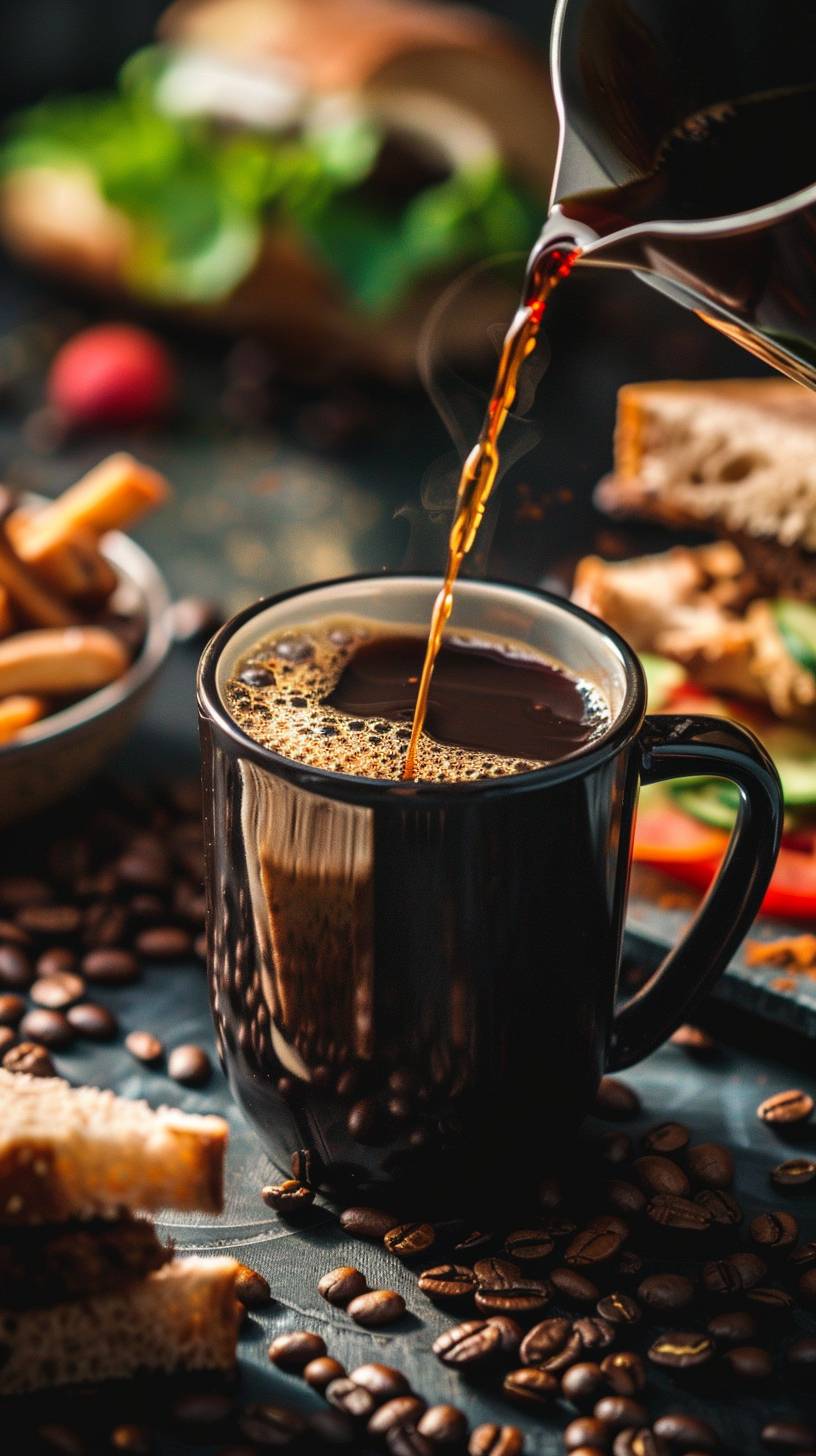 A mug of coffee being poured, surrounded by a few coffee beans and a tasty sandwich.