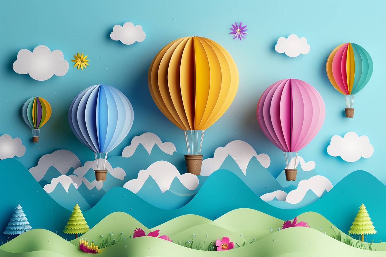 Paper art in the style of colorful hot air balloons flying in the sky with clouds, using a bright and cheerful color palette, with detailed paper texture for depth, and playful cartoon design elements like mountains, hills, waves, trees, flowers, and cute shapes and patterns on balloon gradients. Bright sunny light, sun rays, and a blue background with a clear sky. High resolution, high quality, and high detail.
