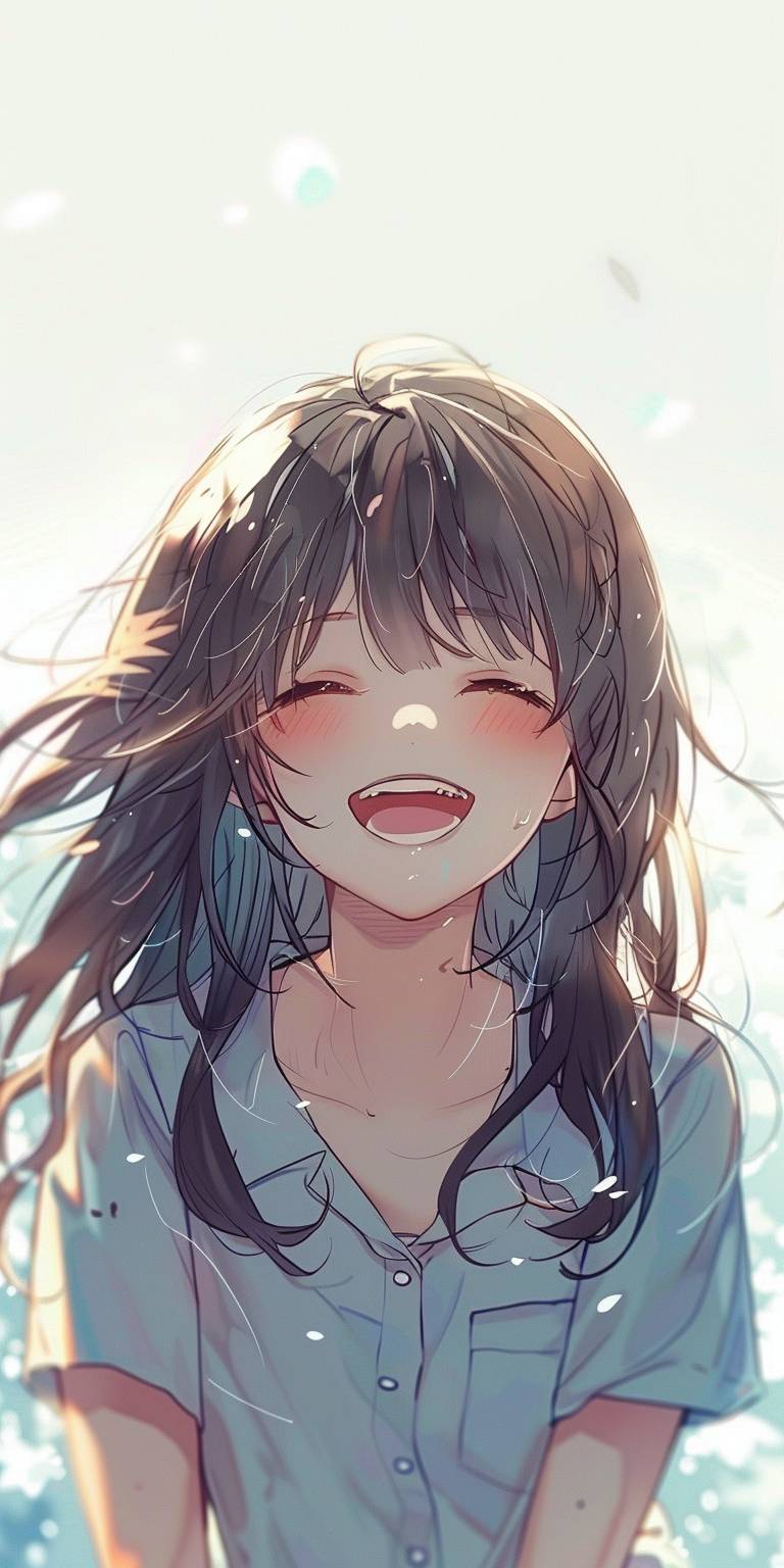 Anime, half length girl, laughing happily, high-definition picture quality, lovely and warm, fine line draft, fresh color, solid background, and white space above the screen