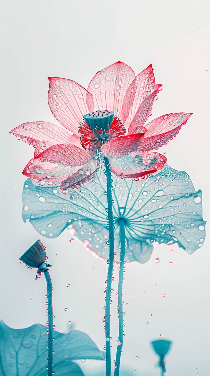 Close-up X-ray, translucence minimalist in simple white background full of water drops, Lotus flower and lotus leaf, frosted glass blur covered, multiple exposures, macro photography, soft red, photography by William Fang, shot on Hasselblad x2d --chaos 1 --ar 9:16 --p b1oftln --stylize 150 --v 6.0