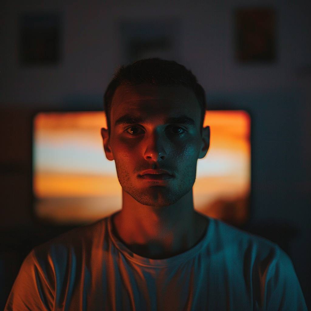 A cinematic wide portrait of a man with his face lit by the glow of a TV.