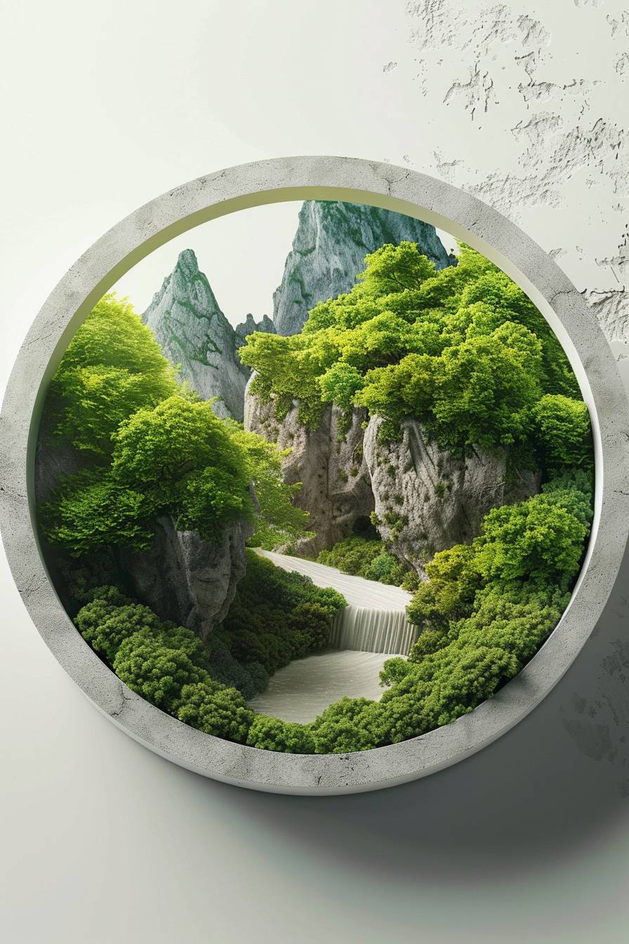 Isometric photorealistic landscape 3D rendering in the shape of a ring on a neutral grey, white background, circle that shows a beautiful nature within the ring shape
