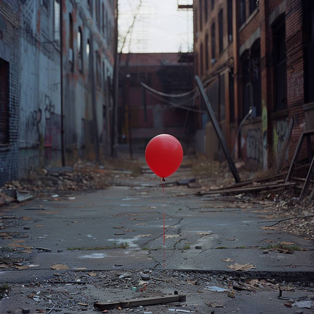 Handheld tracking shot, following a red balloon floating above the ground in an abandoned street.