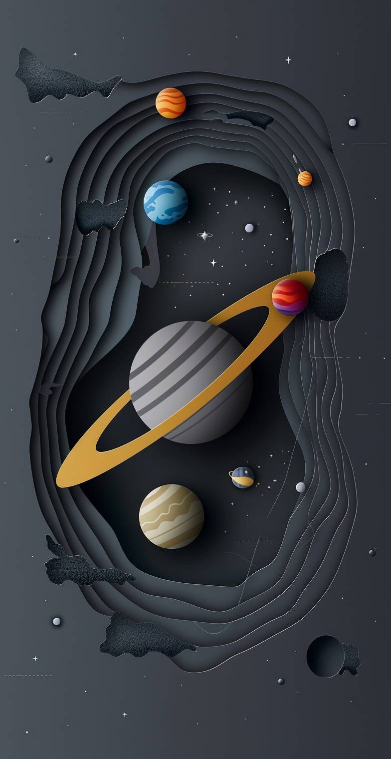 A dark gray background with the planets of our solar system rendered in a paper cut style. The planet Saturn is centered and has its rings fully visible, all other planets are small and colorful, placed around it on different levels, arranged to form an outer rim. This design would create depth using layers of slightly overlapping black paper for shadows. It could be used as a poster or wallpaper, adding fun and curiosity about space exploration to your home decor in the style of paper cuts.