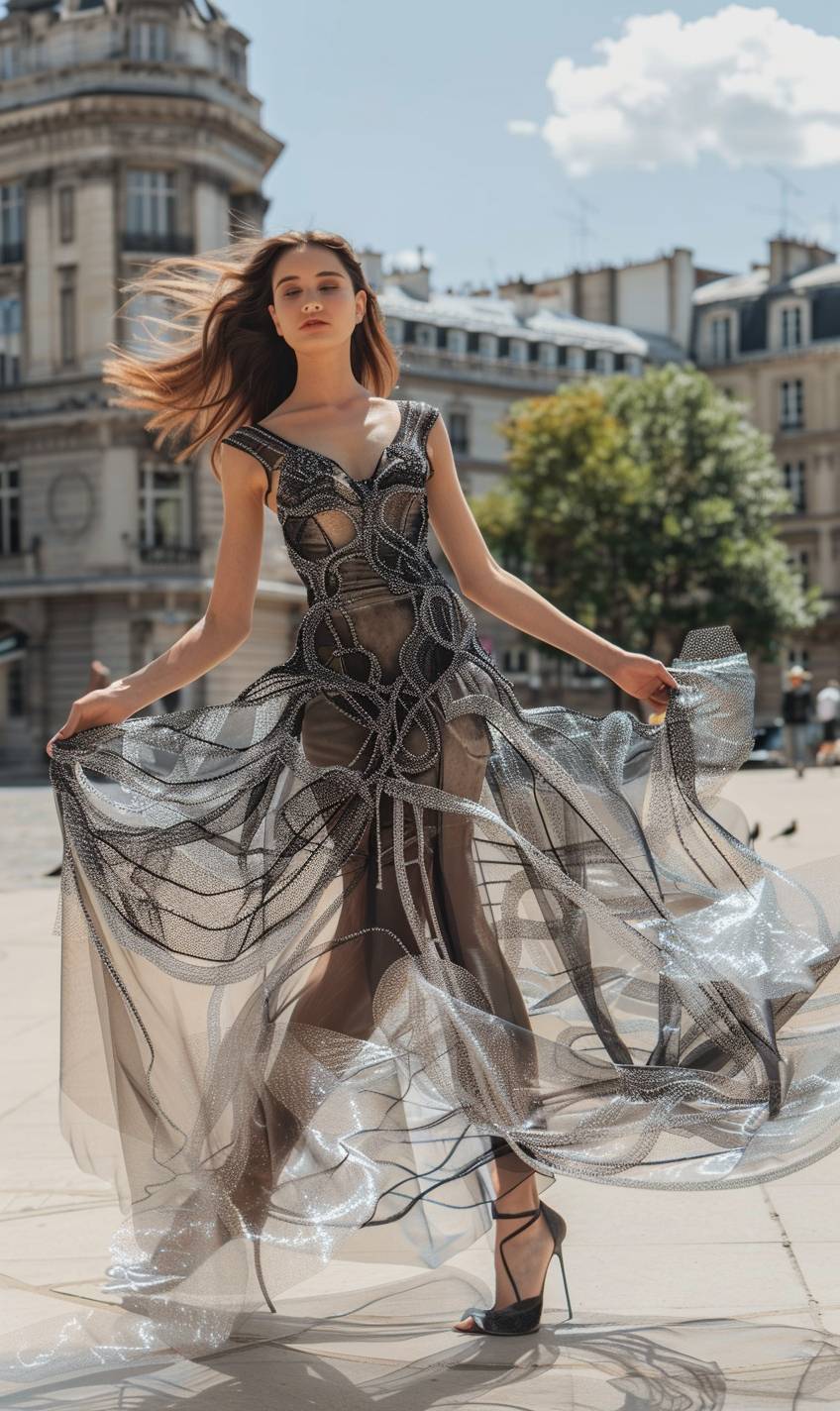 A fashion photo shows a female model wearing a sheer long gown with heels. The dress features interlacing lines of silver and black colors, shaping and flowing around the female curve, giving depth and movement to her intricate dress. There's harmony between the model and her dress. She's standing near the Place de la Nationale in Paris. The weather looks sunny. It is daylight. There is lots of white space around her.