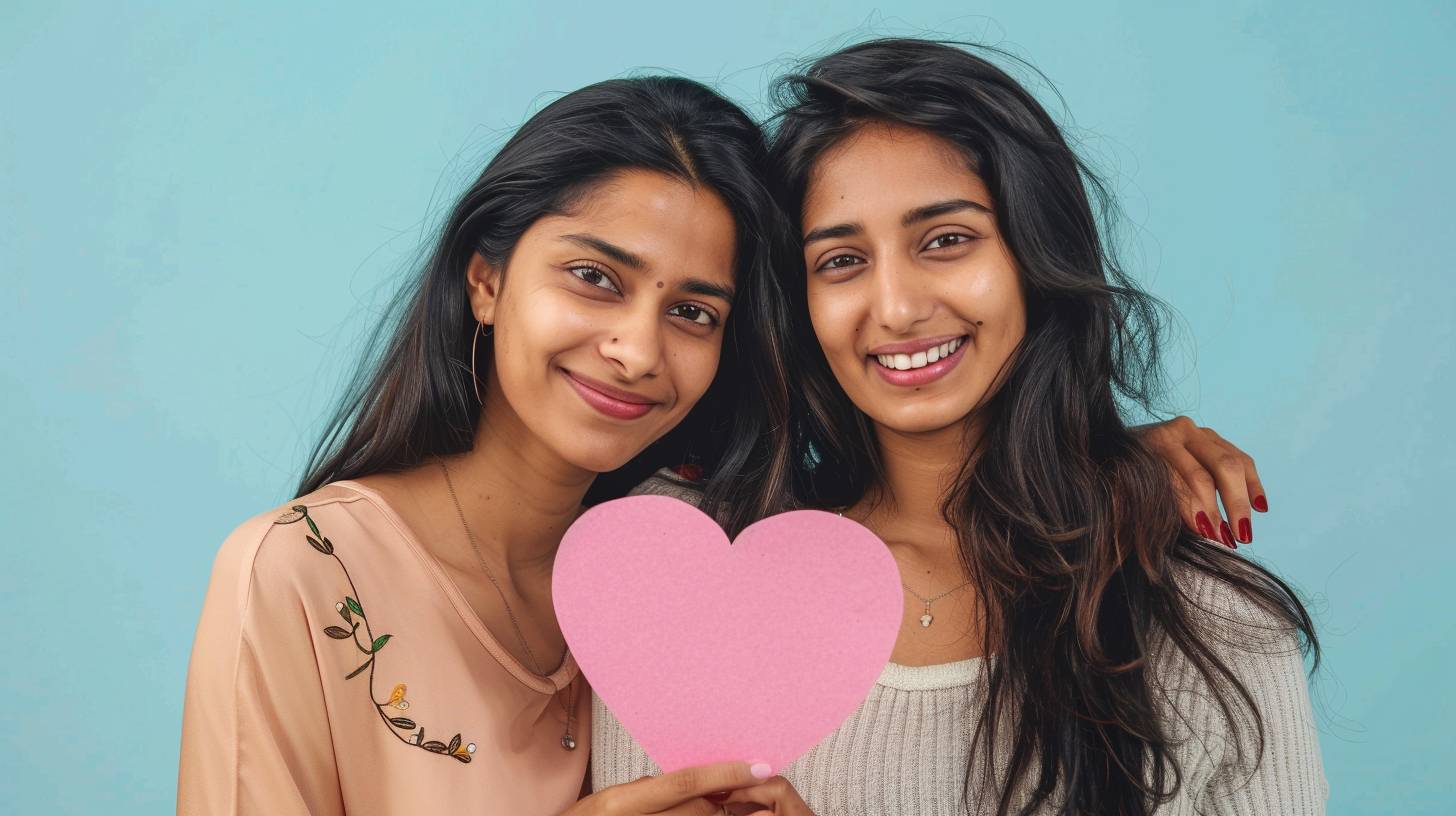 High-quality advertising image of two beautiful Indian women in their 30s. The women on the right stands with her arm around the shoulders of the women on the left. The couple wear Casual outfit, smiling at the camera, and the women on the left holds to showing Paper cut into the shape of a pink heart to the camera. Background, against a light blue background Taken from the waist up Studio photography Professional Commercial Photography, Sony Full Frame Camera, High Definition, Studio Lighting.