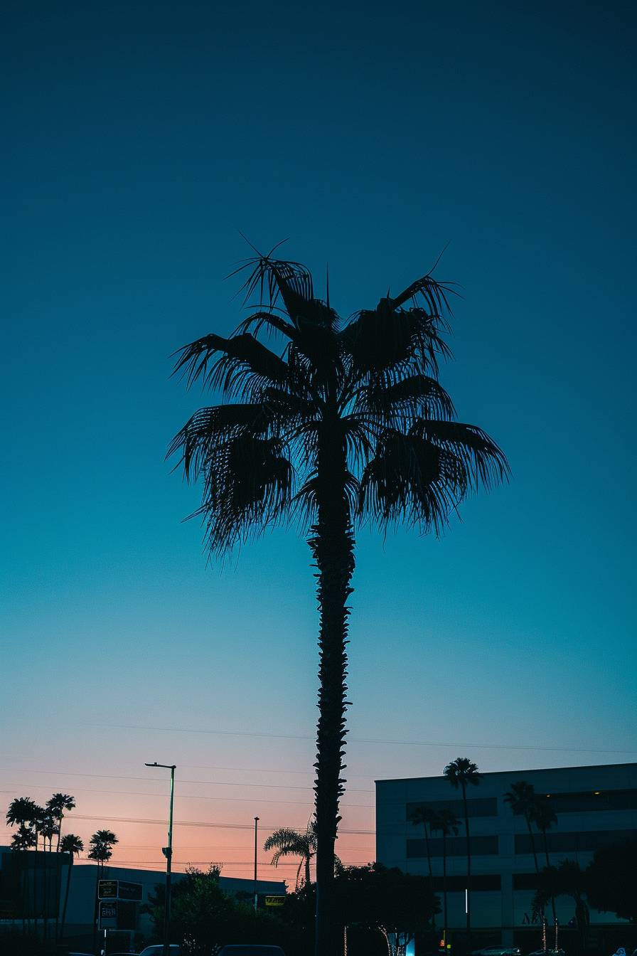 Urban atmosphere with palm trees, minimalist photo, blue hour