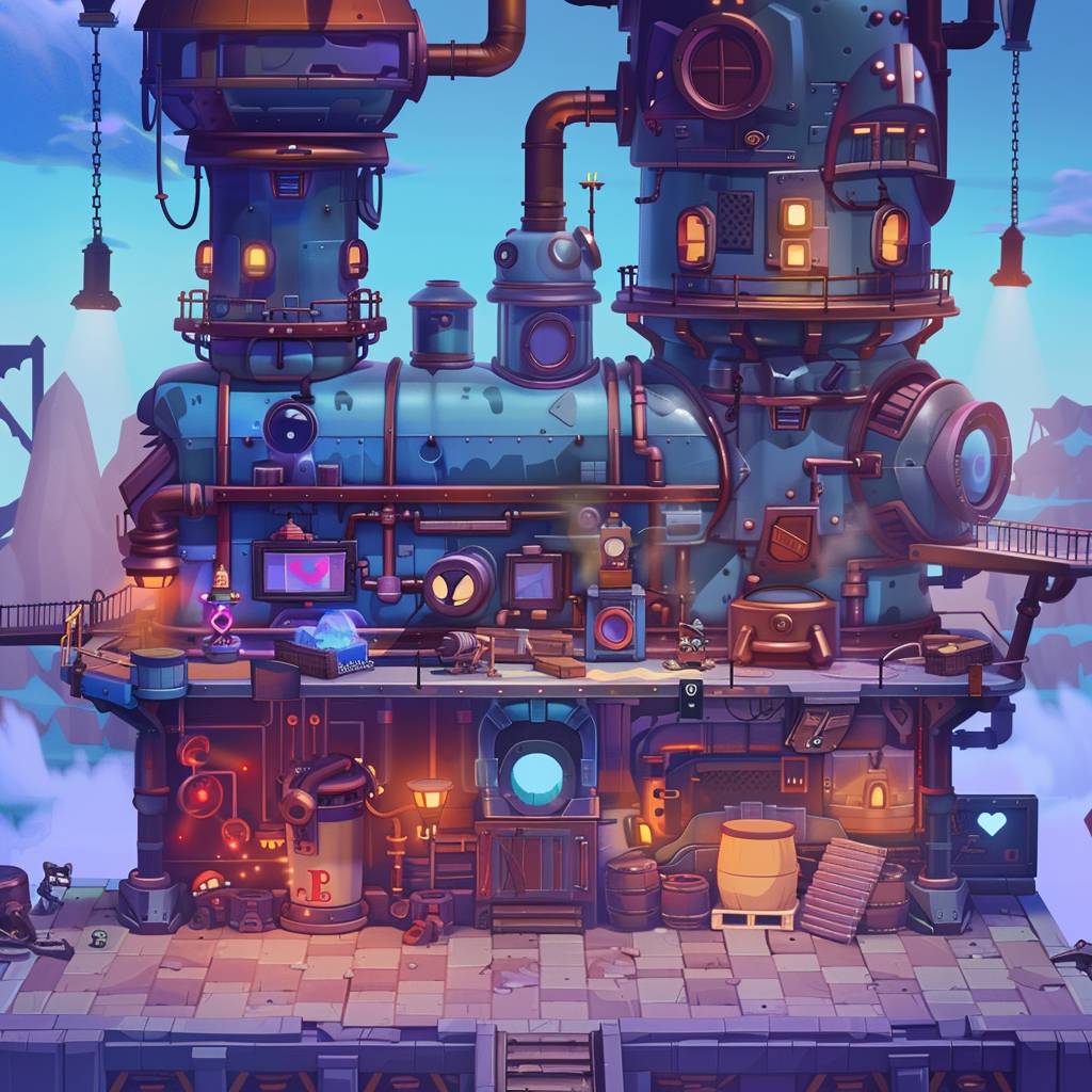 Brawl Stars scenario | a steampunk factory | 2.5D style | mobile videogame graphics