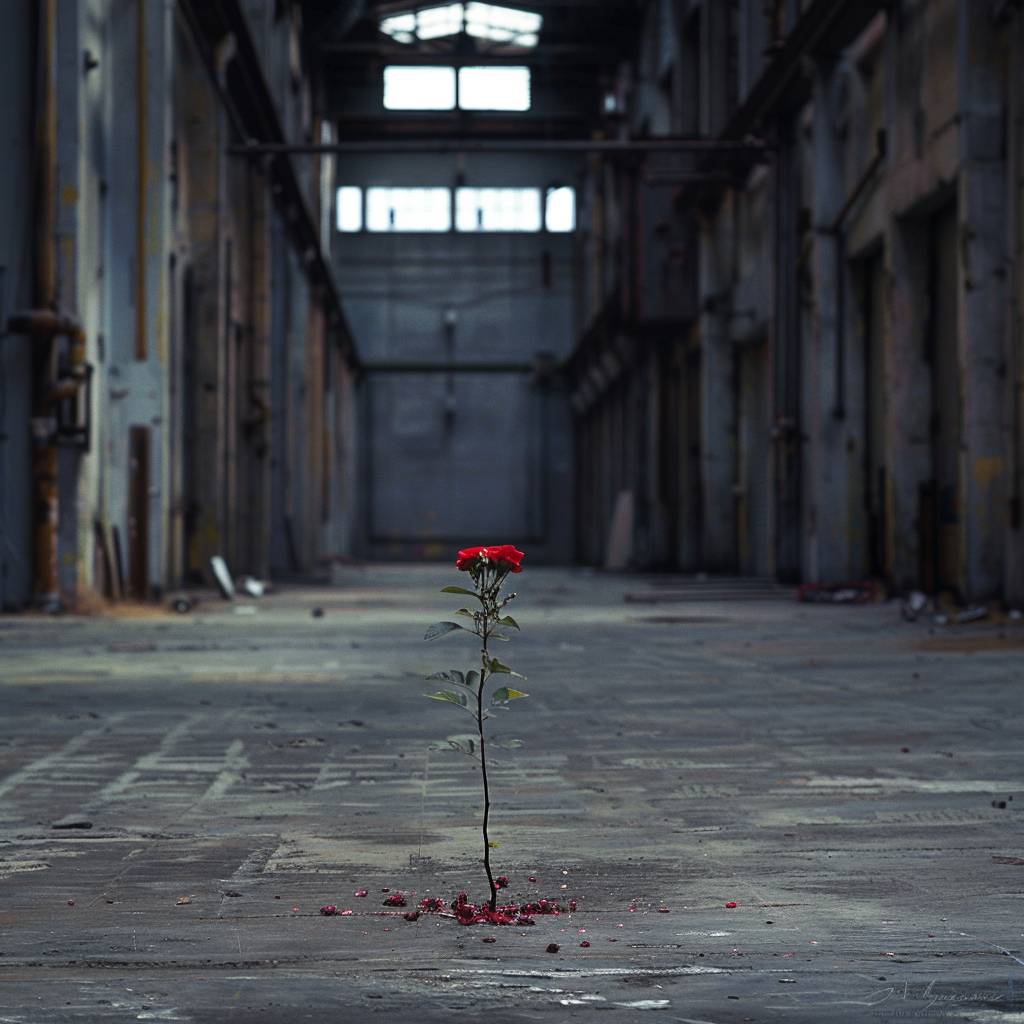 An empty warehouse where flowers start blooming from the concrete.
