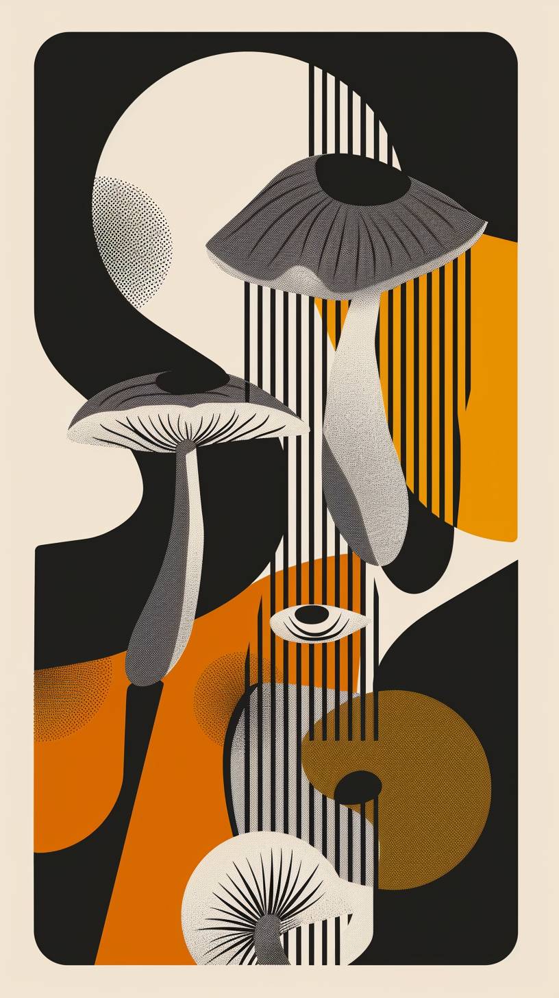Abstract vector graphic design with mushroom shapes, simple geometric forms, and bold lines in black, white, gray, beige, orange, and yellow in the style of a poster