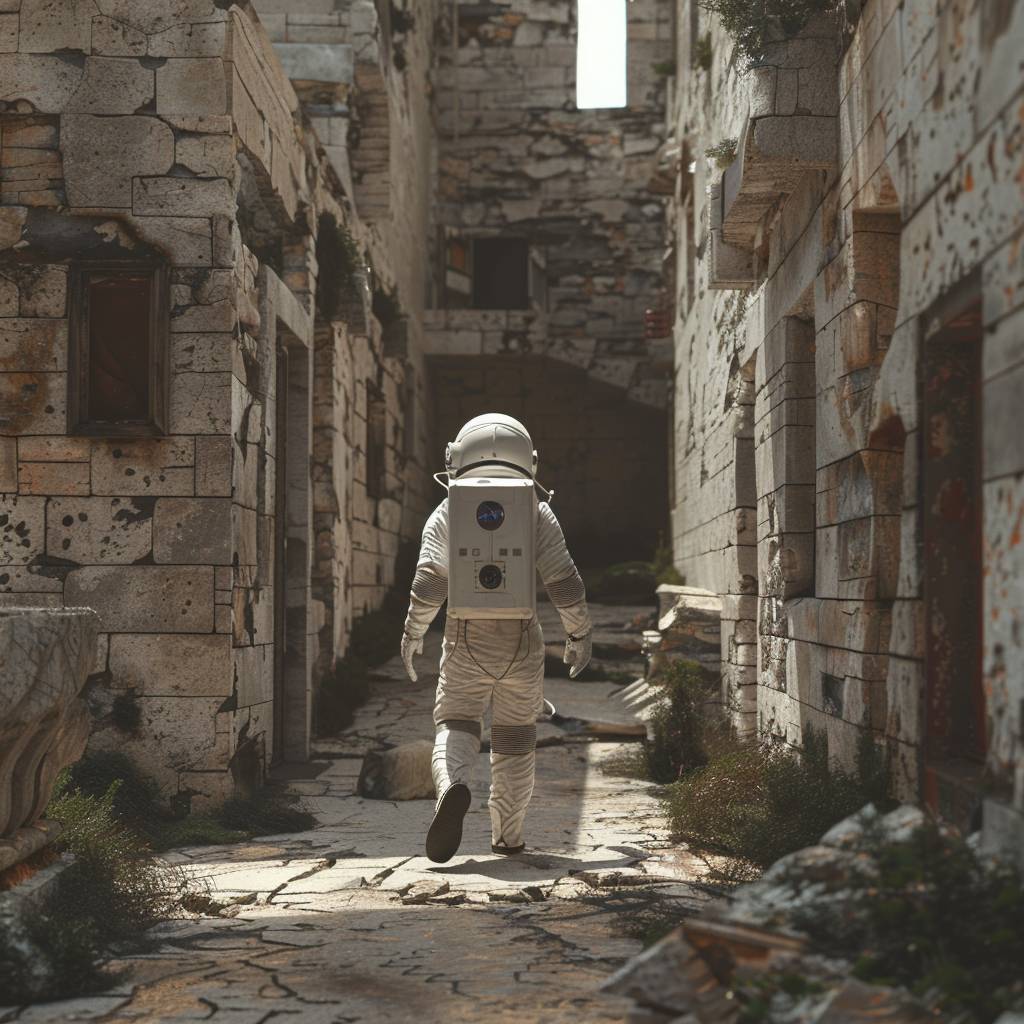 An astronaut walking between stone buildings.