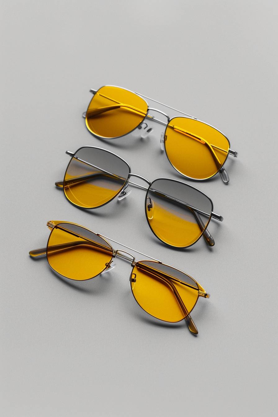 A photo of 3 different styles of sunglasses with yellow tinted lenses on a plain grey background