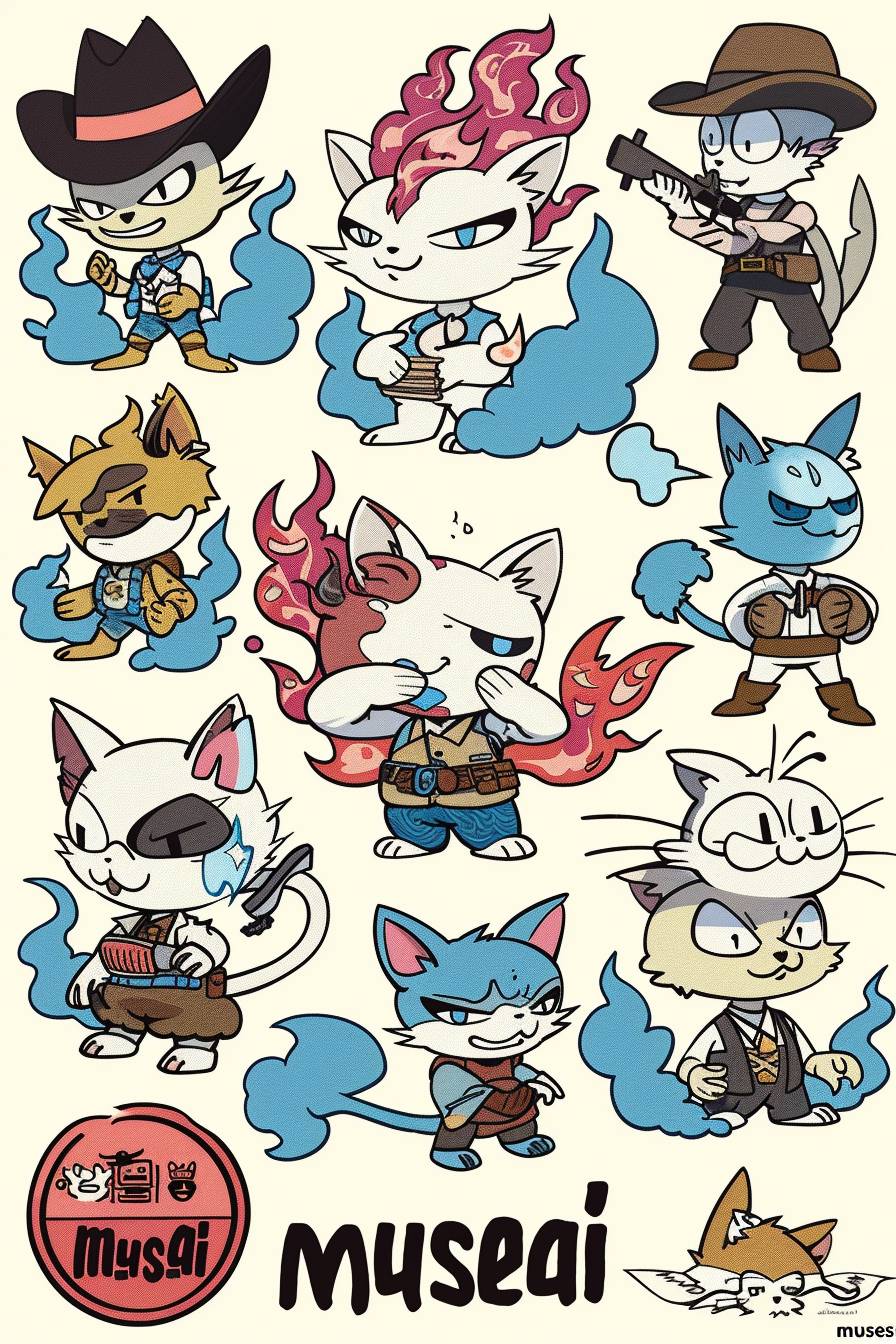 Sticker sheet of various cartoon characters with the text 'musesai'. The first character is an anthropomorphic cat, the second one has red flames on his head and wears a cowboy outfit, the third ones have blue smoke around them wearing white gloves, the fourth characters wear pink armor in front of their chest. Sticker design in the style of Peter Bagge --ar 2:3  --v 6.0