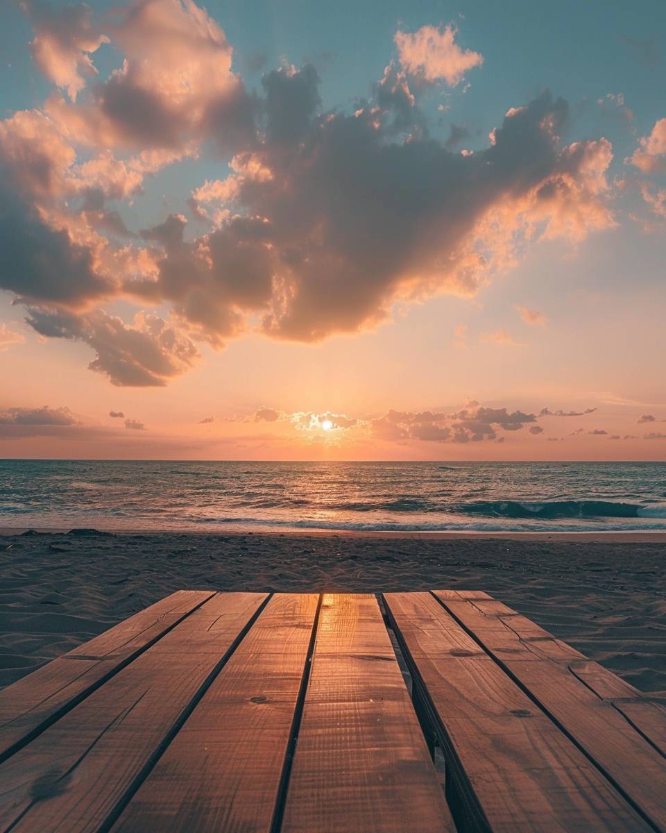 A wooden table on the beach with a sunset in the distance