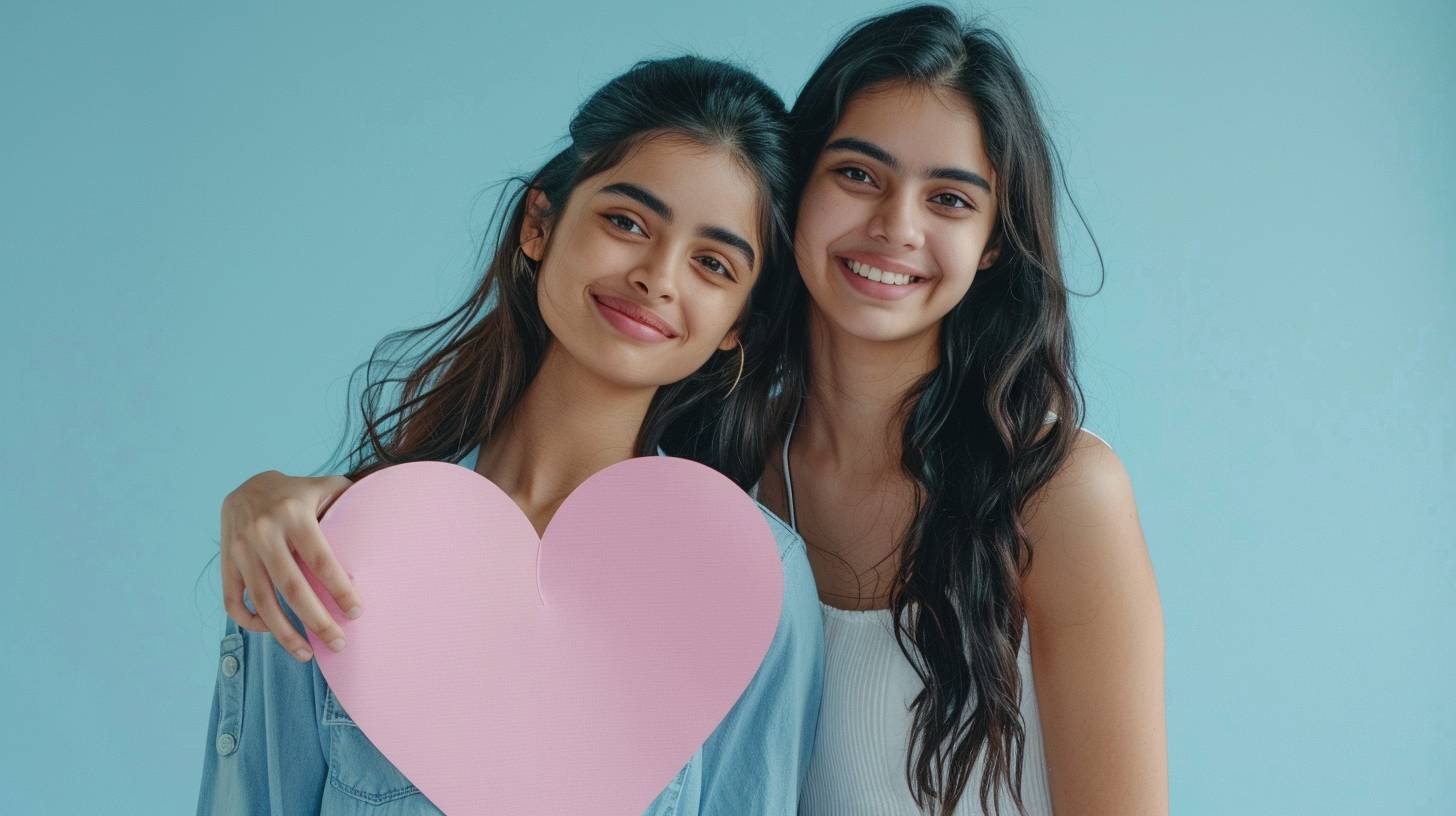 High-quality advertising image of two beautiful Indian women in their 30s. The women on the right stands with her arm around the shoulders of the women on the left. The couple wear Casual outfit, smiling at the camera, and the women on the left holds to showing Paper cut into the shape of a pink heart to the camera. Background, against a light blue background Taken from the waist up Studio photography Professional Commercial Photography, Sony Full Frame Camera, High Definition, Studio Lighting.