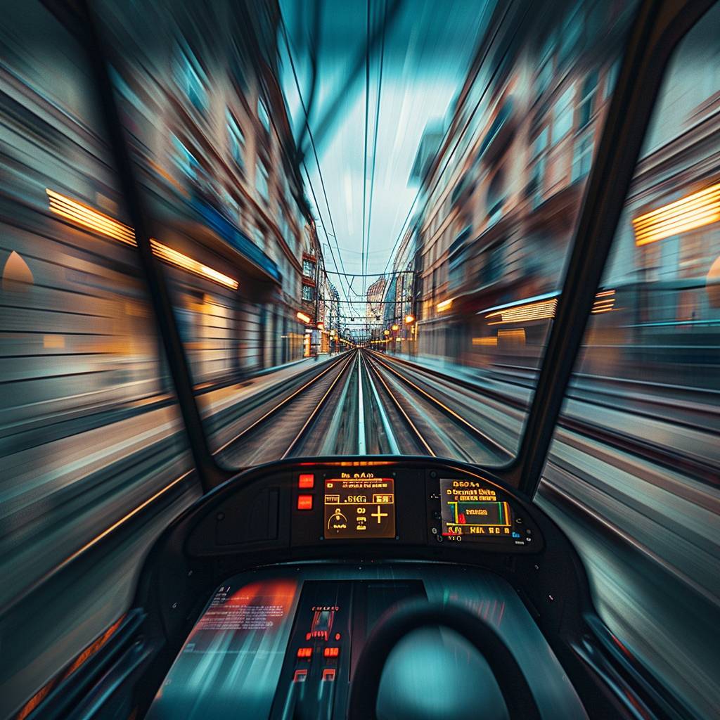 FPV, internal locomotive cab of a train moving at hyper-speed in an old European city.