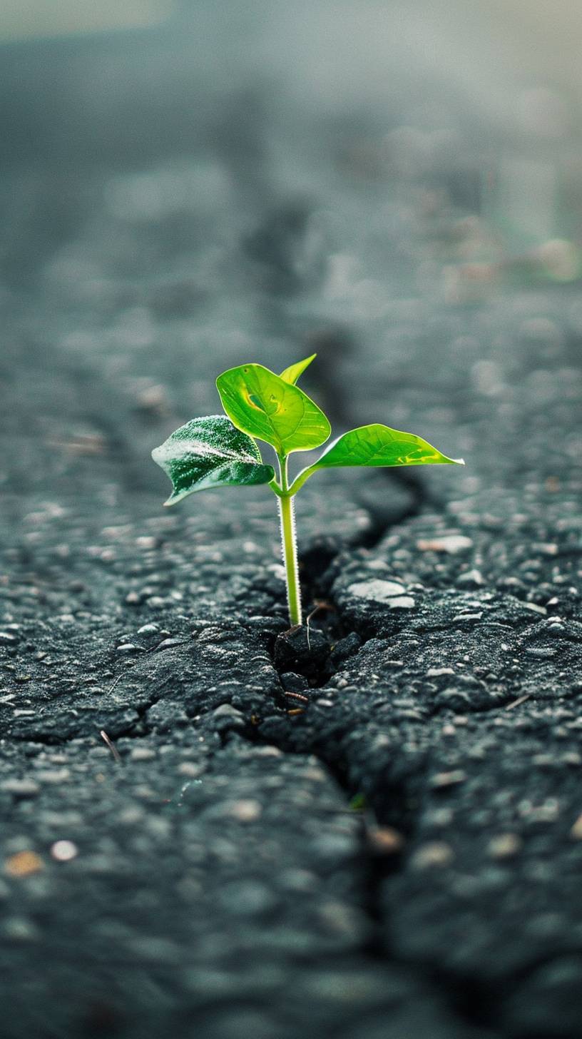 舗装道路の隙間から新緑が生える植物のアップクローズ写真です。柔らかな光に照らされた優しい葉と茎がコンクリートの粗い質感と対照をなしています。背景はぼかされ、植物の成長に焦点が当てられています。使用ツール：高解像度デジタル写真、マクロレンズ、自然光、リアルな質感、鮮やかなディテール、HDクオリティ、自然な外観