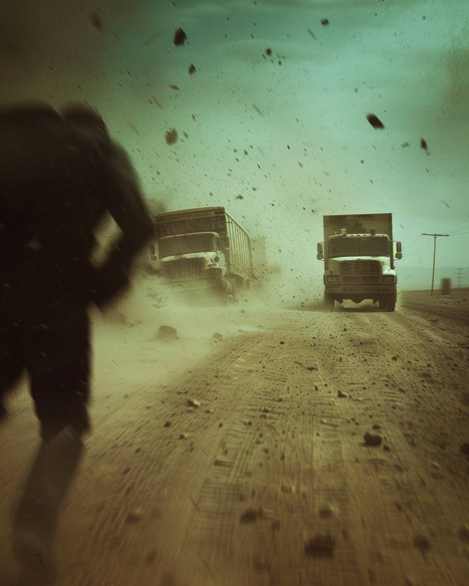 35mmアクション映画のスチール、砂漠を走るウォルター・ホワイトの写真、未来のトラックに追われる、狂気のマッドマックスのポストアポカリプス荒れ地、低い角度、暗い雰囲気、ジョージ・ミラーがcinestilll 50dで撮影 --ar 4:5 --s 50 --p yfbxsj7  --v 6.0