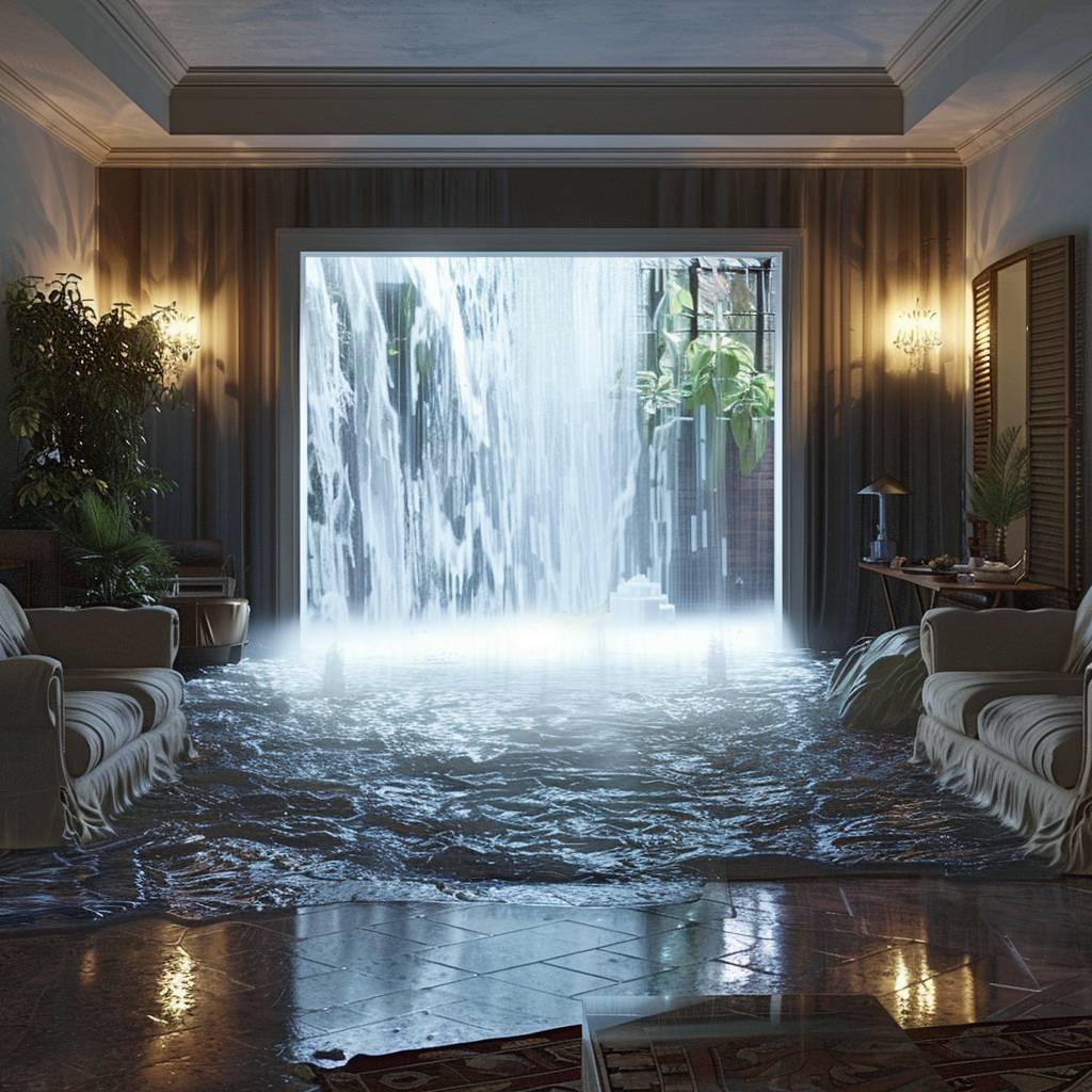 A first-person POV shot rapidly flies through open doors to reveal a surreal waterfall cascading in the middle of the living room.