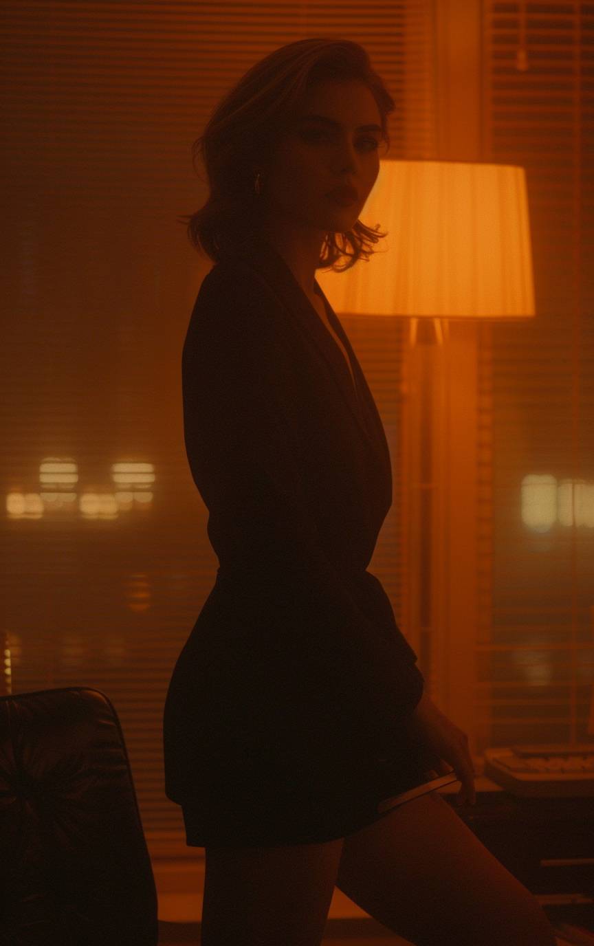 A cinematic still captured by ARRIFLEX 535 Camera, Cinestill 800T, depicting a gorgeous flirtatious Russian secretary boss in a modern office at night, wearing a vicuna suit and vicuna pencil skirt, high heels, stockings, bold lipstick, heart-shaped symmetrical face