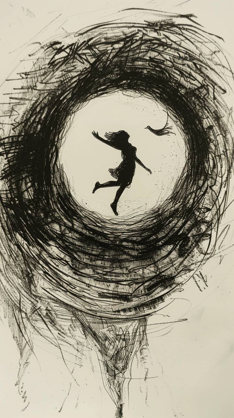 A drawing of a woman flying in a circular tunnel