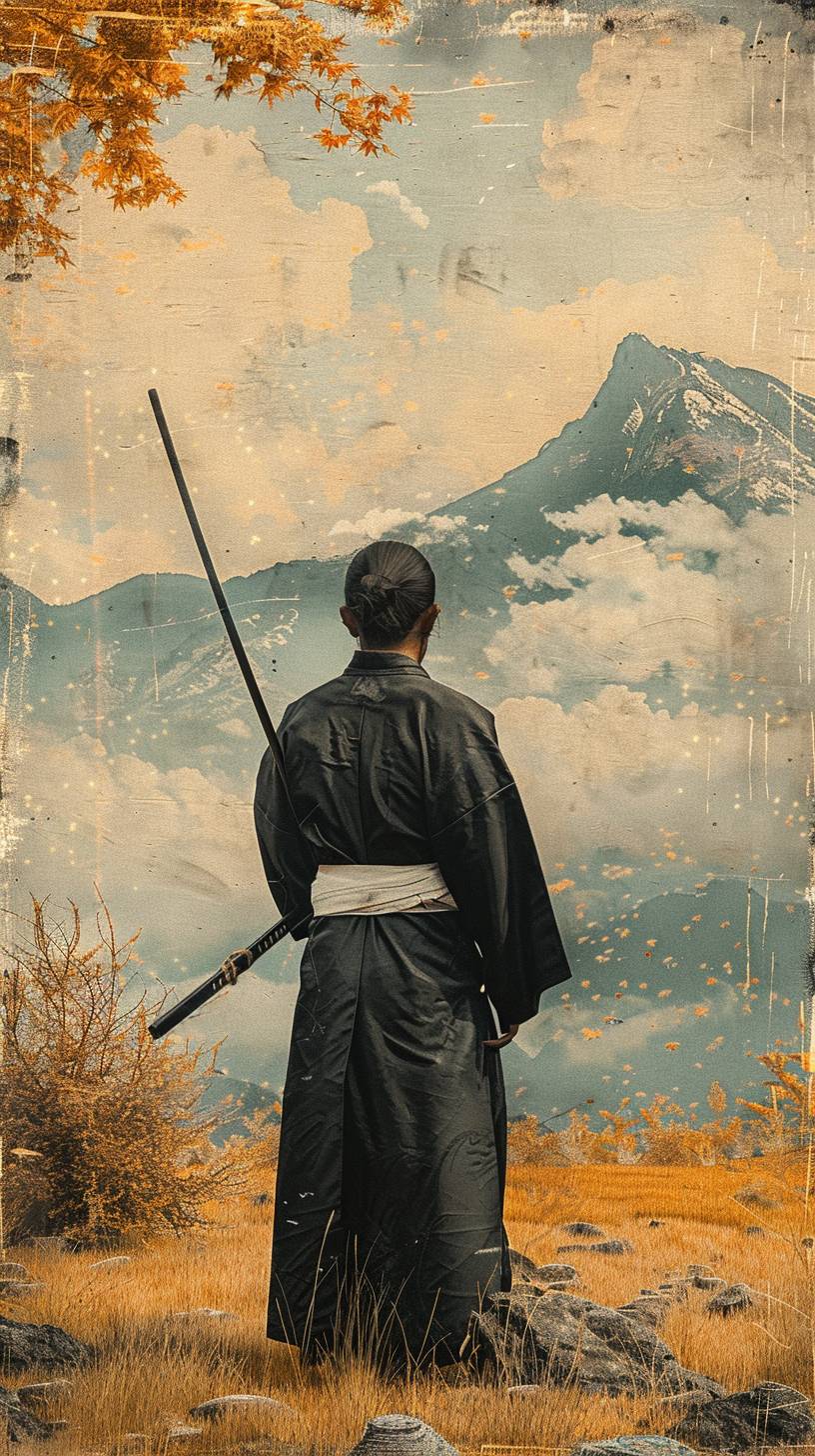 棒を持ち、山々の地平線を見つめる日本の達人武士先生が、野原に立っています。ハイパーリアリスティックな油絵スタイル