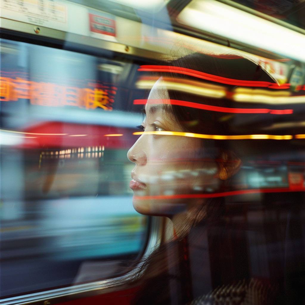 Subtle reflections of a woman on the window of a train moving at hyper-speed in a Japanese city.