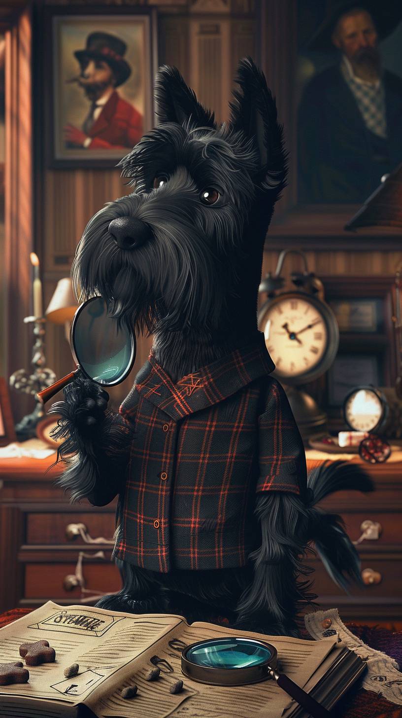 A black Scottie dog dressed as a detective, with a magnifying glass, investigating a case of missing dog treats. The background is a stylized, mystery-themed room with clues scattered around.