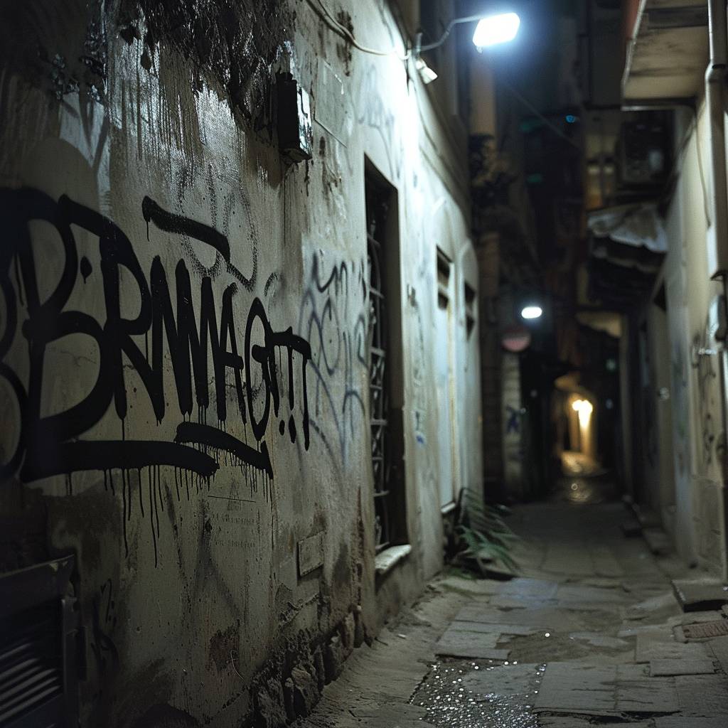 Handheld camera moving fast, flashlight light, in a white old wall in an old alley at night with black graffiti that spells ‘Runway’.