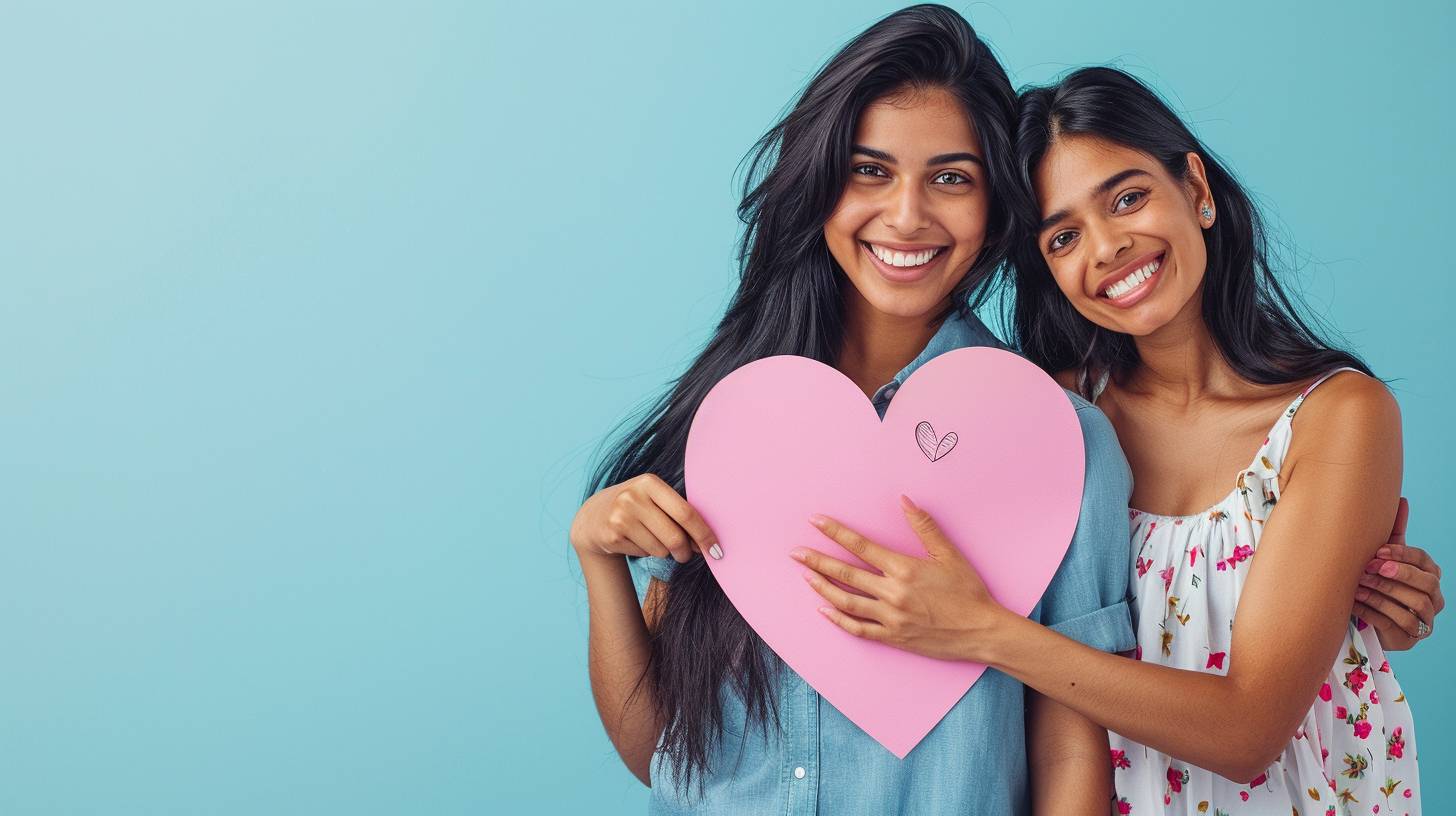 High-quality advertising image of two beautiful Indian women in their 30s. The women on the right stands with her arm around the shoulders of the women on the left. The couple wear Casual outfit, smiling at the camera, and the women on the left holds to showing Paper cut into the shape of a pink heart to the camera. Background, against a light blue background Taken from the waist up Studio photography Professional Commercial Photography, Sony Full Frame Camera, High Definition, Studio Lighting.