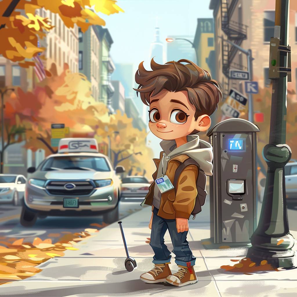 歩道を歩くかわいいアニメ少年、銀色のアメリカ車が駐車メーターに駐車している、アニメキャラクターアート