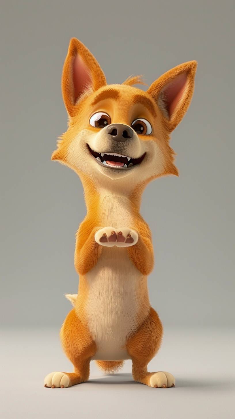 3D animation style. An adorable and happy dog standing on its hind legs like a human. It's smiling with beautiful eyes, front and hind legs slightly apart. Background is plain.