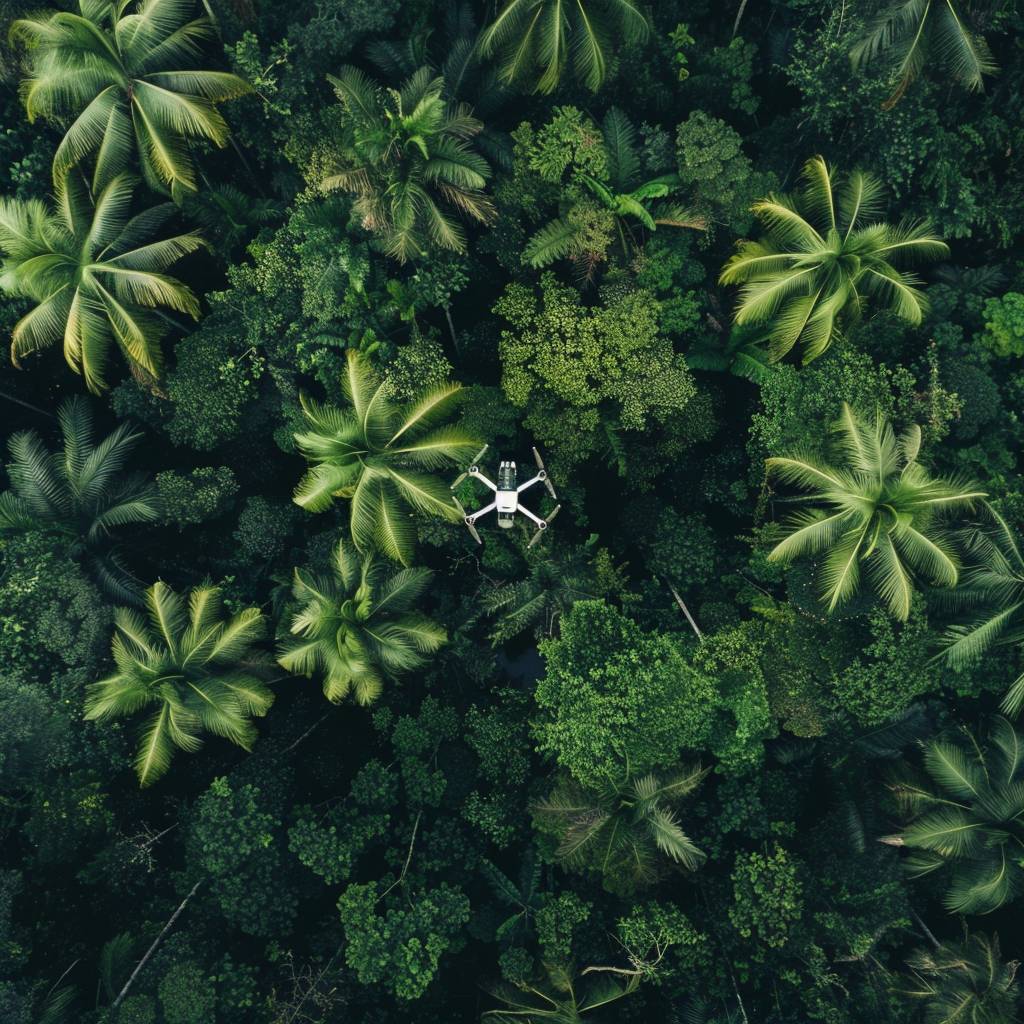 密集な緑のジャングルを高速で移動するドローンの空中ショット。