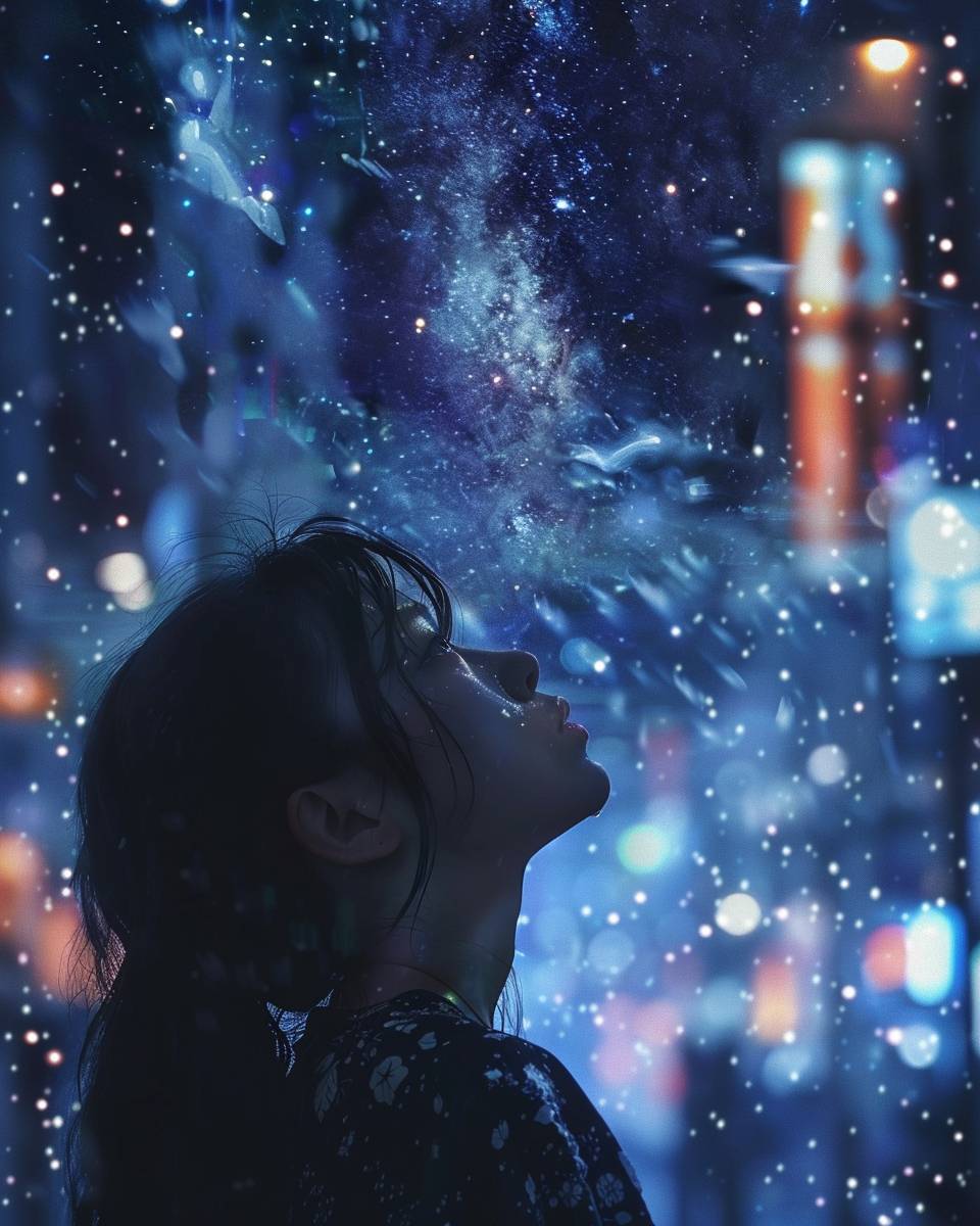 星空を見上げる寂しい少女、日本のイラストレーションスタイル、低彩度