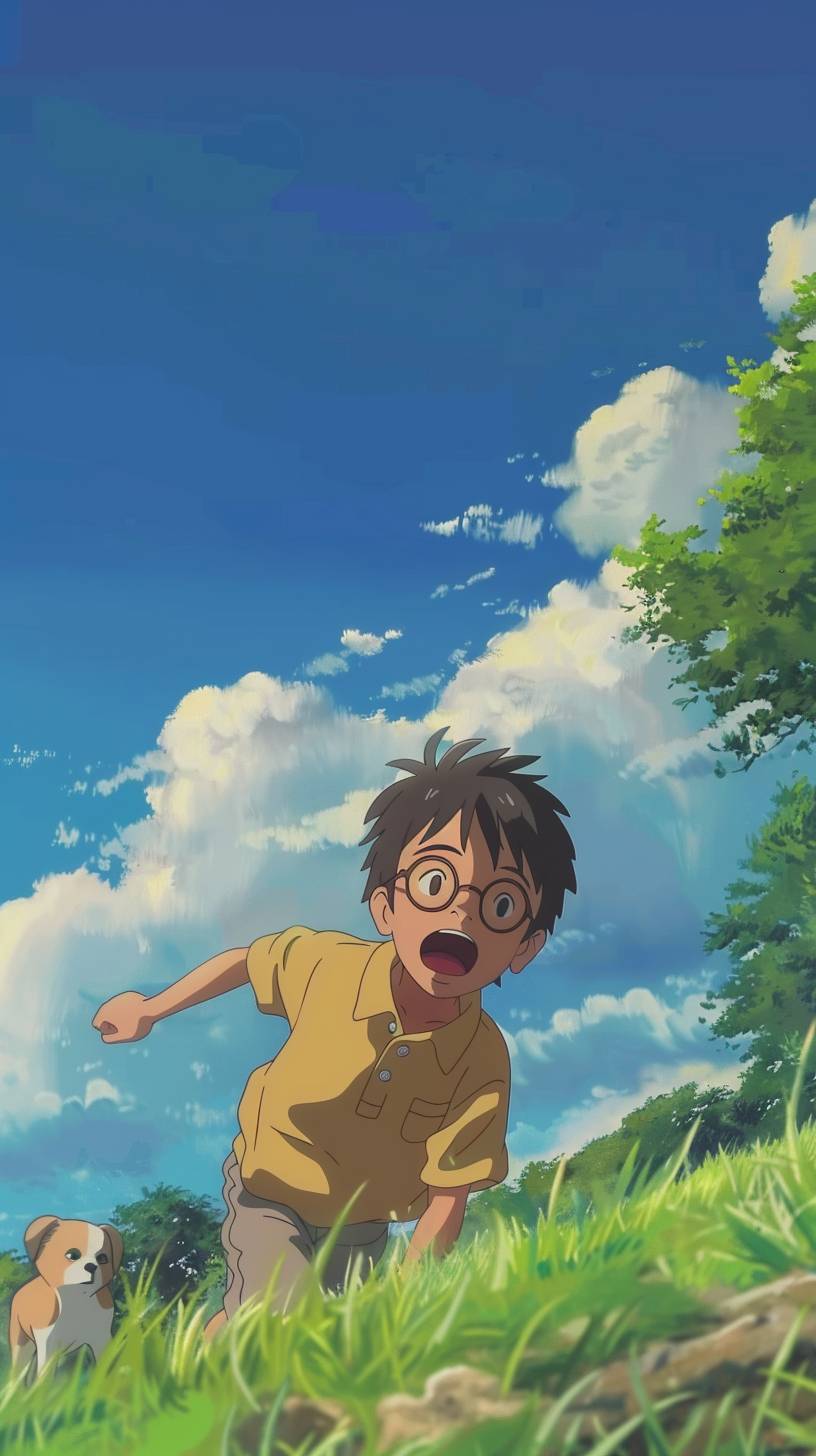 Hand drawn animation scene directed by Hayao Miyazaki, anime, a boy with glasses with his dog running in a field, the dog is a yellow chow chow, the boy wears glasses and a big shirt, in the style of Studio Ghibli.