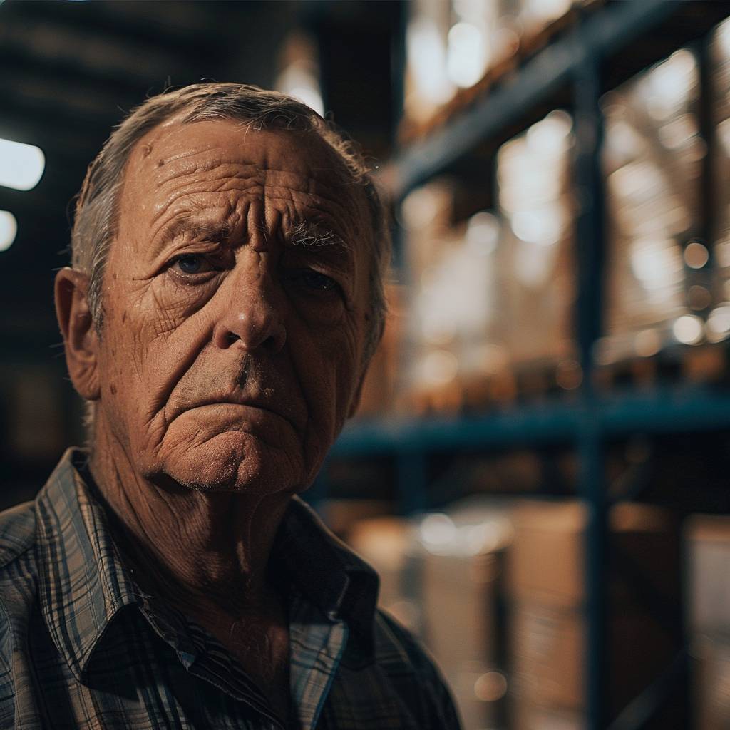 A close up of an older man in a warehouse, camera zoom out.