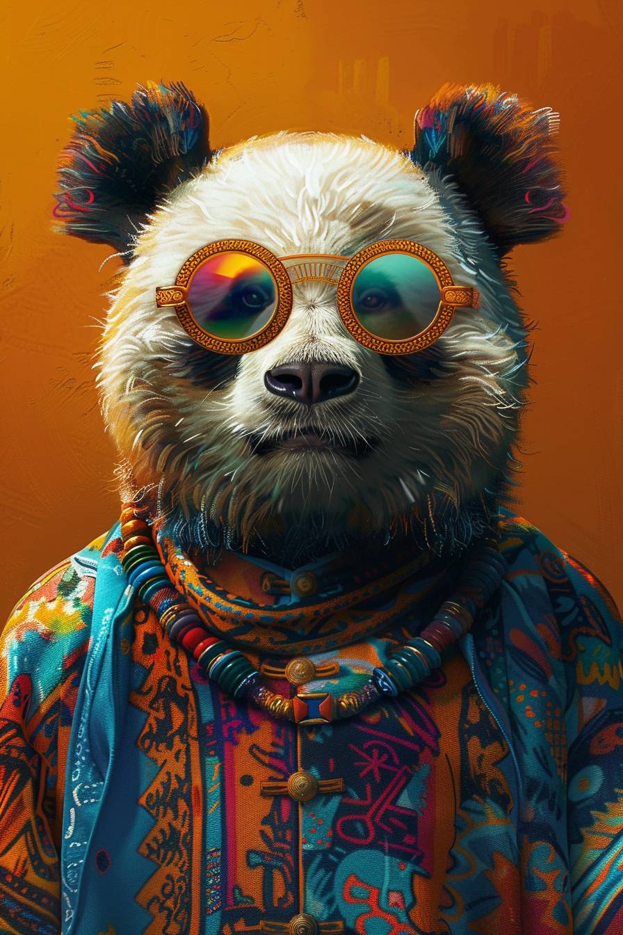 A stylish hippie panda in a vibrant portrait, patterned sundress and sunglasses